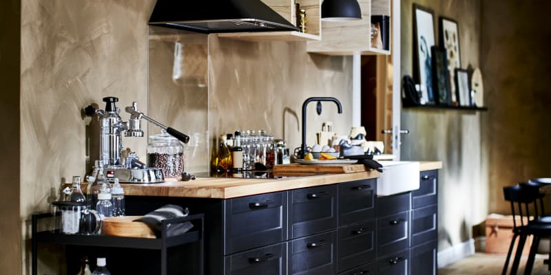 IKEA kitchen with black cabinets